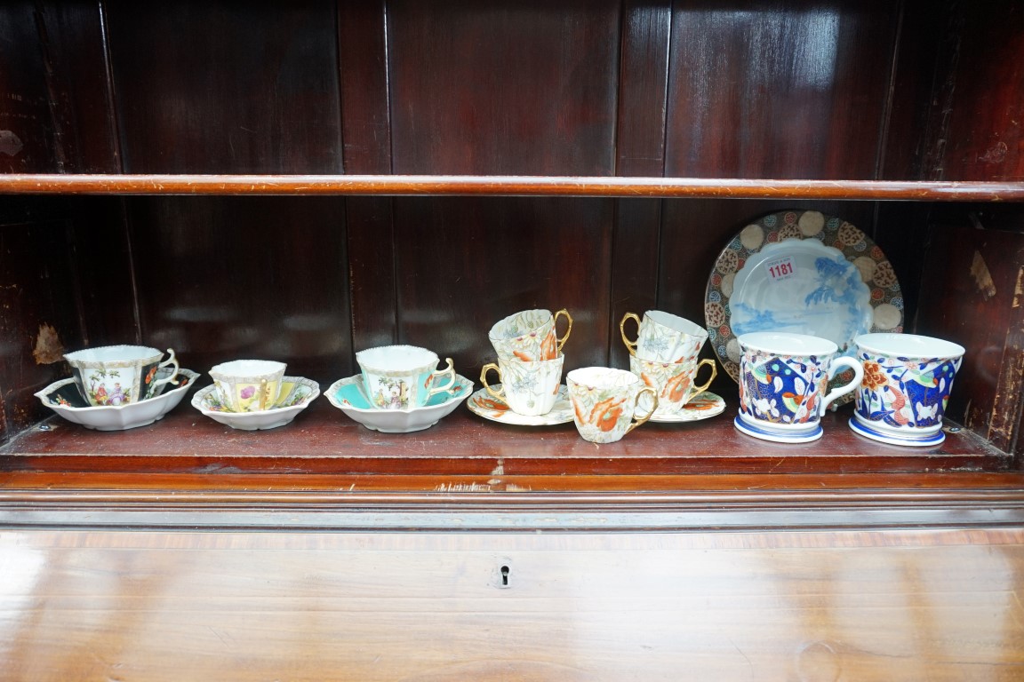 A small collection of porcelain, to include three Dresden cups and saucers.