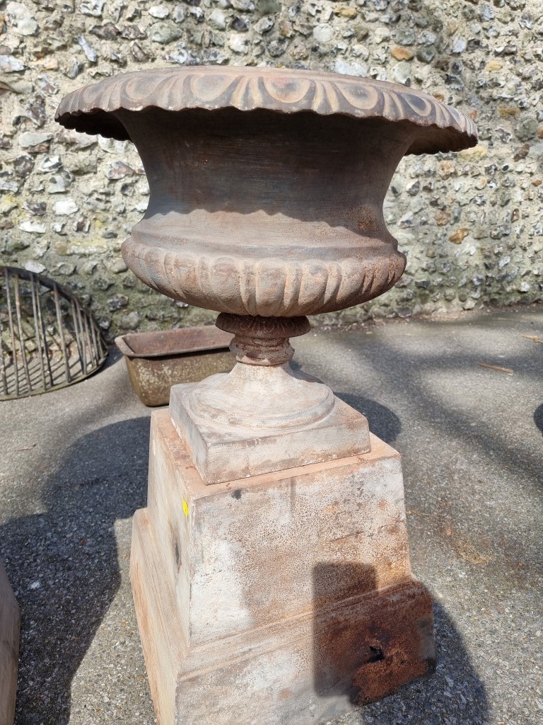 A pair of cast iron urns and pedestals, 80cm high. - Image 2 of 6