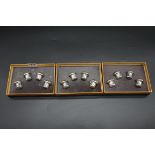 Three boxed sets of two pairs of electroplated novelty mushroom pepperettes, 2.9cm high, by St.