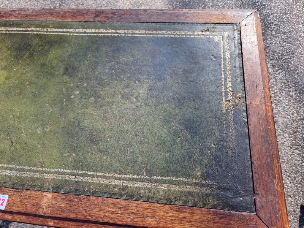 An antique oak side table, having leather top, 72cm high x 92cm wide. - Image 4 of 5