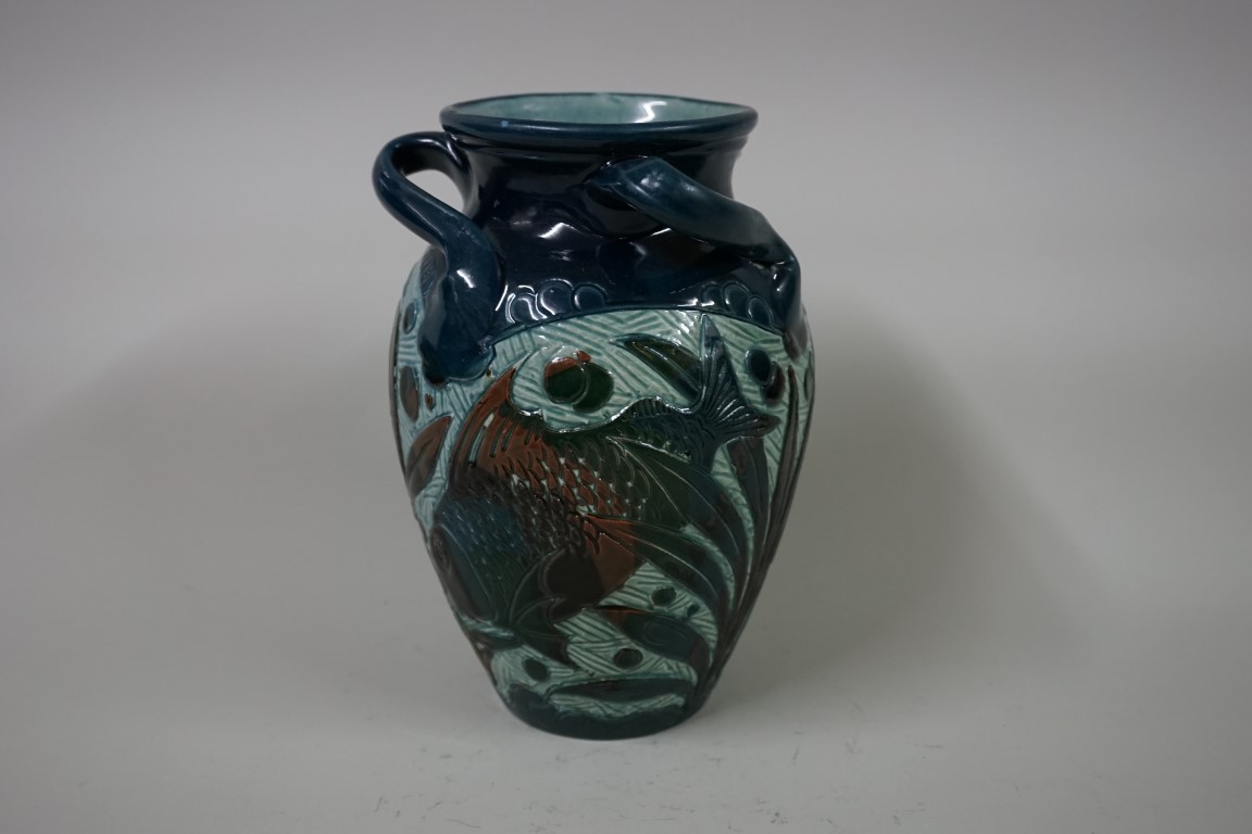 An early 20th century Barum pottery fish vase, by Alexander Lauder, 18cm high. - Image 3 of 4