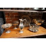 A collection of silverplate, to include: a pair of pedestal dishes; and a claret jug. (6)