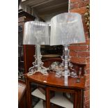 A pair of clear acrylic table lamps and shades, 66cm high, (cracks to one shade).