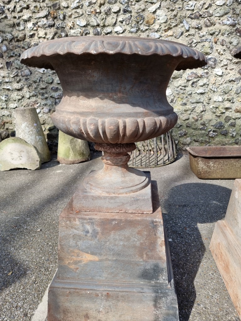A pair of cast iron urns and pedestals, 80cm high. - Image 3 of 6