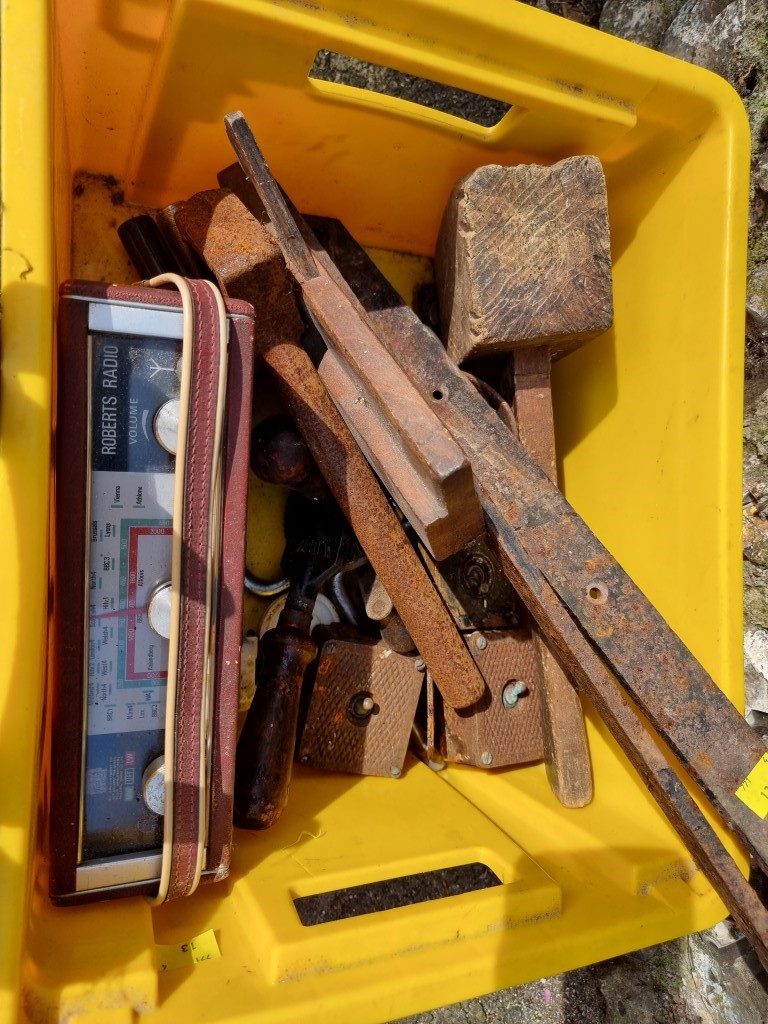 A quantity of old tools; together with two old iron door locks and a horse shoe light fitting. - Image 4 of 5