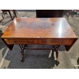 A reproduction mahogany sofa table, 95cm wide x 76cm high x 53cm deep.