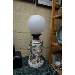 A Plaue porcelain figural mounted oil lamp, height excluding chimney, 50cm, (s.d).