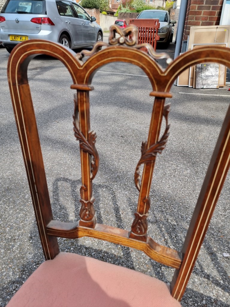 An inlaid salon chair with rush seat; together with one other chair and a Georgian style stool. - Image 3 of 4