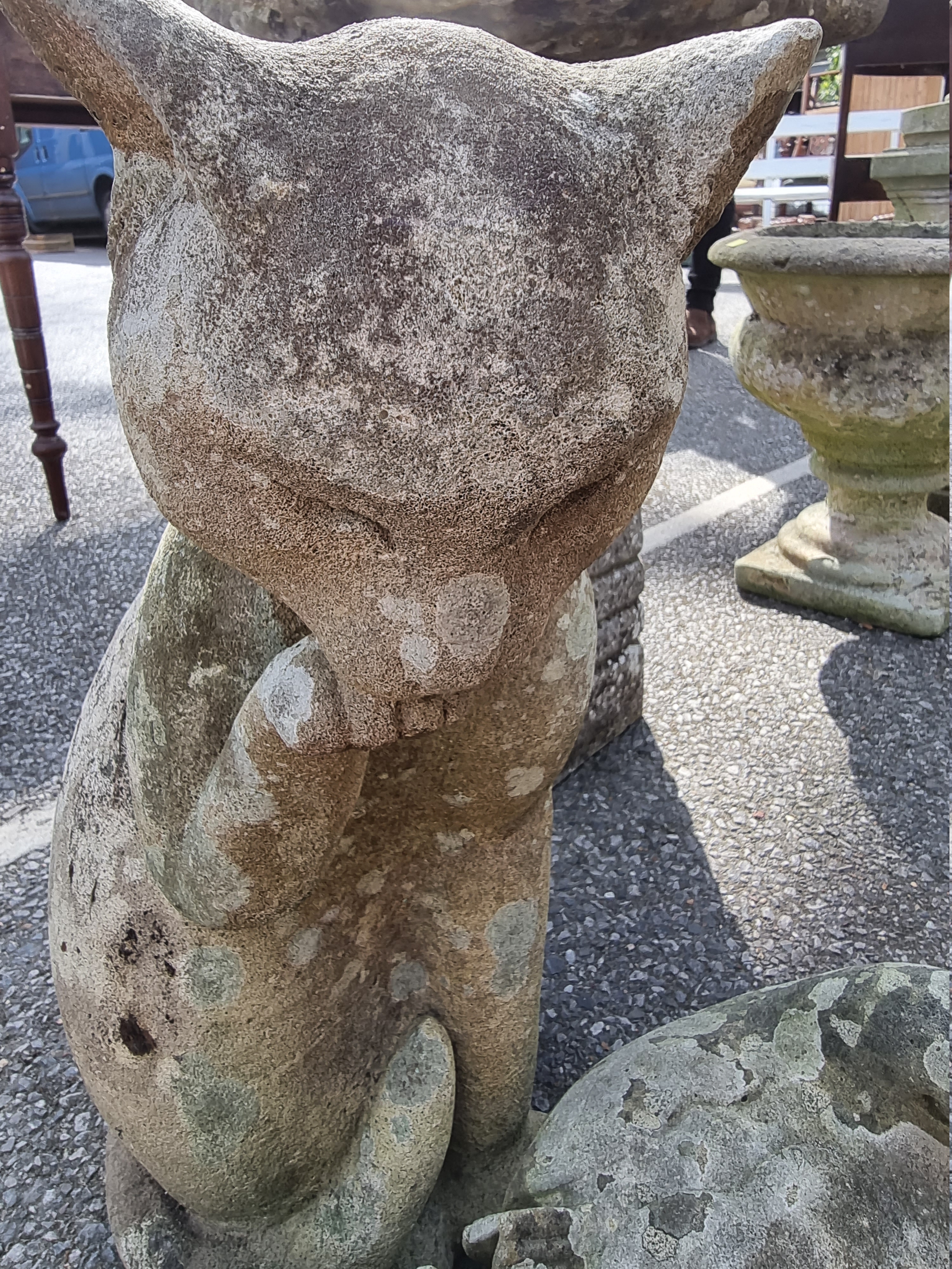 A composition stone seated cat; together with a small pair of composition stone birds. - Image 2 of 2