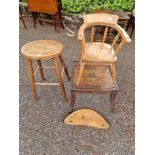 An old elm stool; together with a small pine child's chair and a small table.