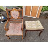 An inlaid salon chair; together with a tapestry top stool.