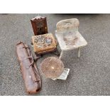 An antique elm chair; together with a set of vintage weighing scales, a footstool, a small