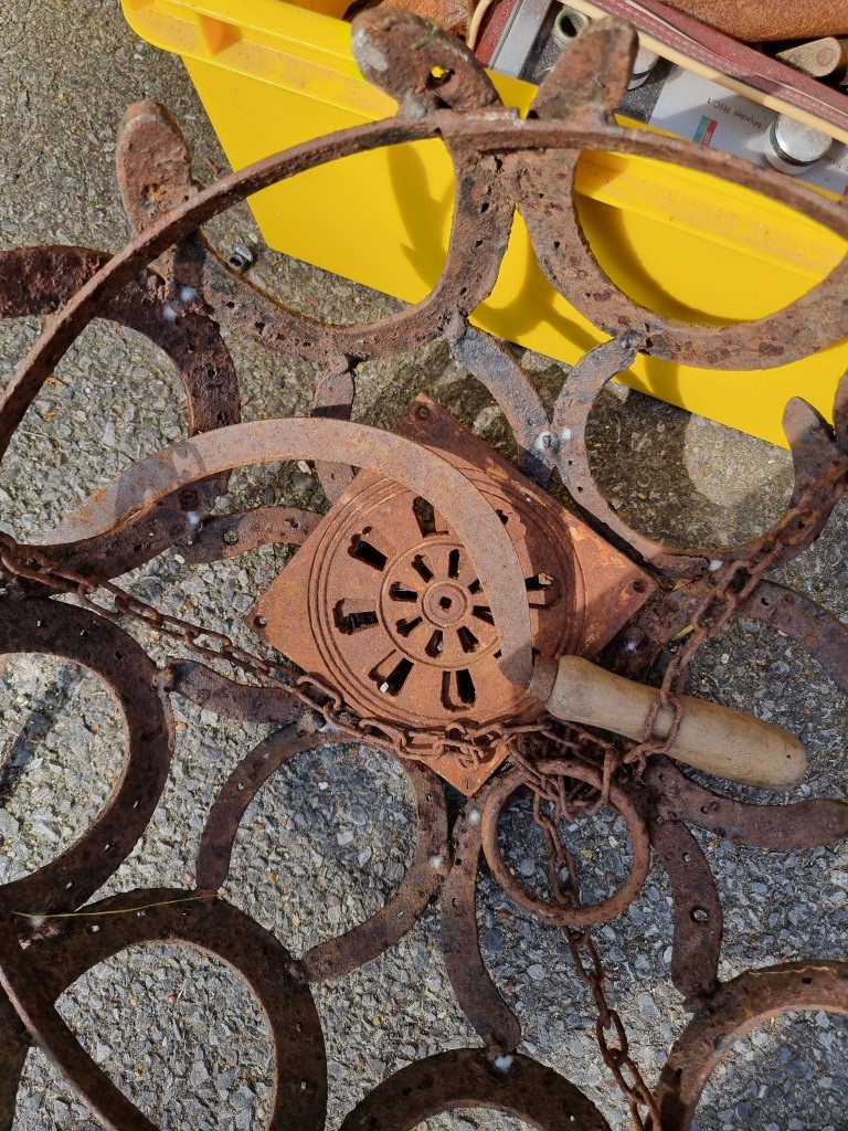 A quantity of old tools; together with two old iron door locks and a horse shoe light fitting. - Image 5 of 5