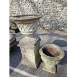 A reconstituted stone pedestal and urn; together with another small example.