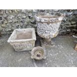 A composition stone pot, 60cm high; together with a square planter and a small mortar.