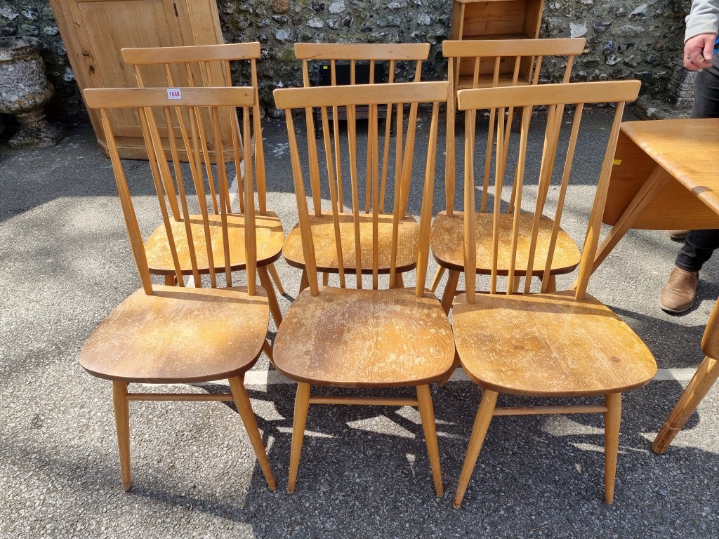 A set of six vintage Ercol model 608 dining chairs.