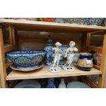 A mixed group of ceramics, to include tin glazed pottery; and a pair of Derby figures, (s.d). (9)