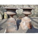 A pair of cast iron urns and pedestals, 80cm high.
