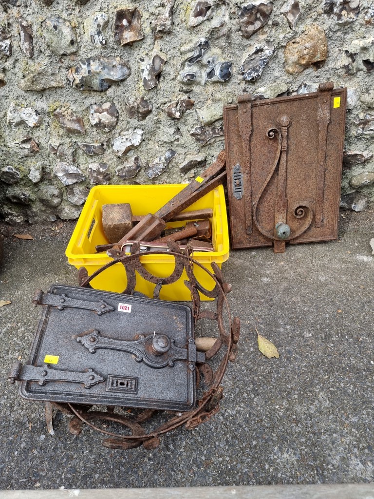 A quantity of old tools; together with two old iron door locks and a horse shoe light fitting.