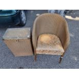 A gold painted Lloyd Loom chair; together with a Lloyd Loom linen basket.