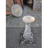 An old composition stone pedestal bird bath, 86cm high.