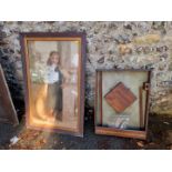 A vintage bar skittles game; together with a print of girl, 117cm high x 75.5cm wide.