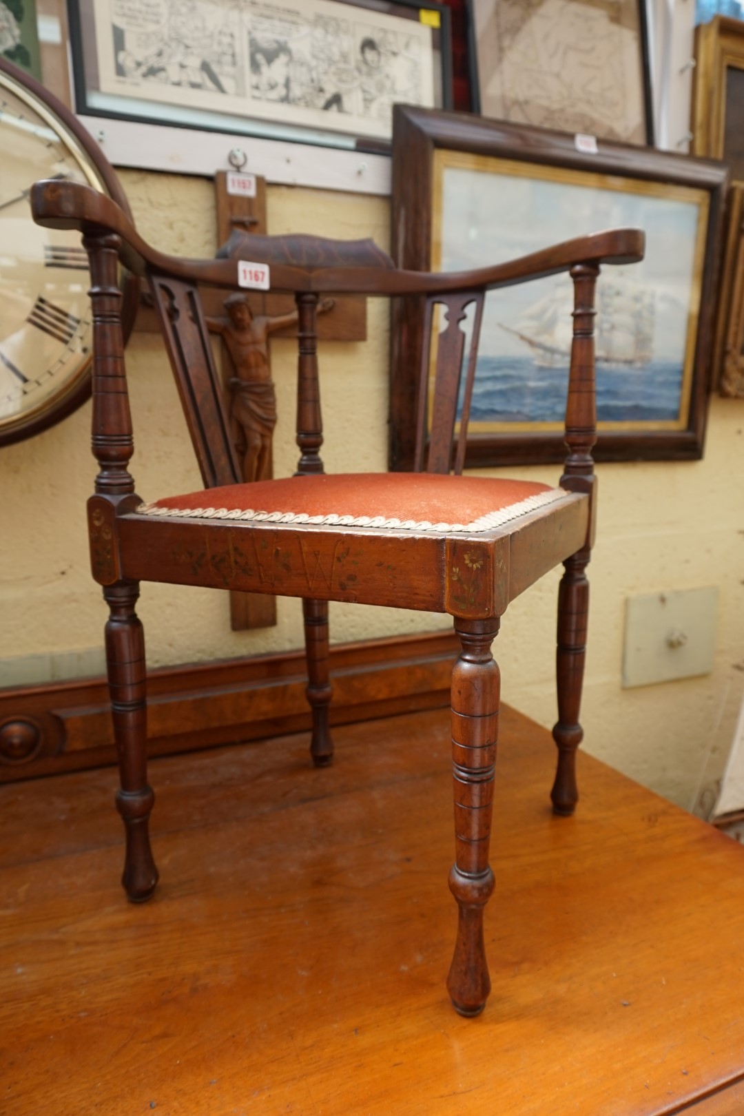 A circa 1900 mahogany and painted child's corner chair, decorated with flowers and letters from - Image 3 of 3