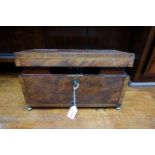 A 19th century figured mahogany, line inlaid and rosewood crossbanded tea caddy, 35.5cm wide;