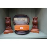 A pair of Black Forest style carved wood novelty owl bookends, 21cm high; together with a