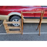An old pine towel airer; together with a small pine hanging wall shelf.