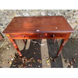 An old two drawer mahogany side table, 91cm wide x 46cm deep x 74cm high.