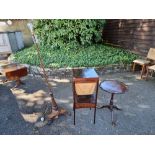 An antique mahogany work table, 34cm wide x 84cm high; together with an antique mahogany piecrust