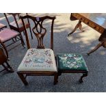 A Georgian mahogany dining chair, having tapestry seat; together with an antique stool.