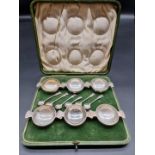 A cased set of six Edwardian silver novelty 'quaich' salts, by Gilmour & Watson, Birmingham 1908,