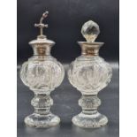 A white metal mounted cut glass atomiser and matching scent bottle, by HH & SN, stamped 'Sterling