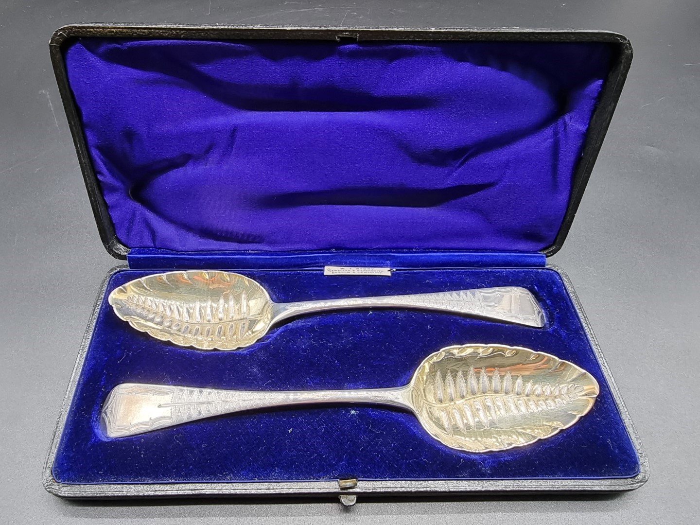 A cased pair of George IV silver tablespoons, by George Turner, Exeter 1822, with later fern