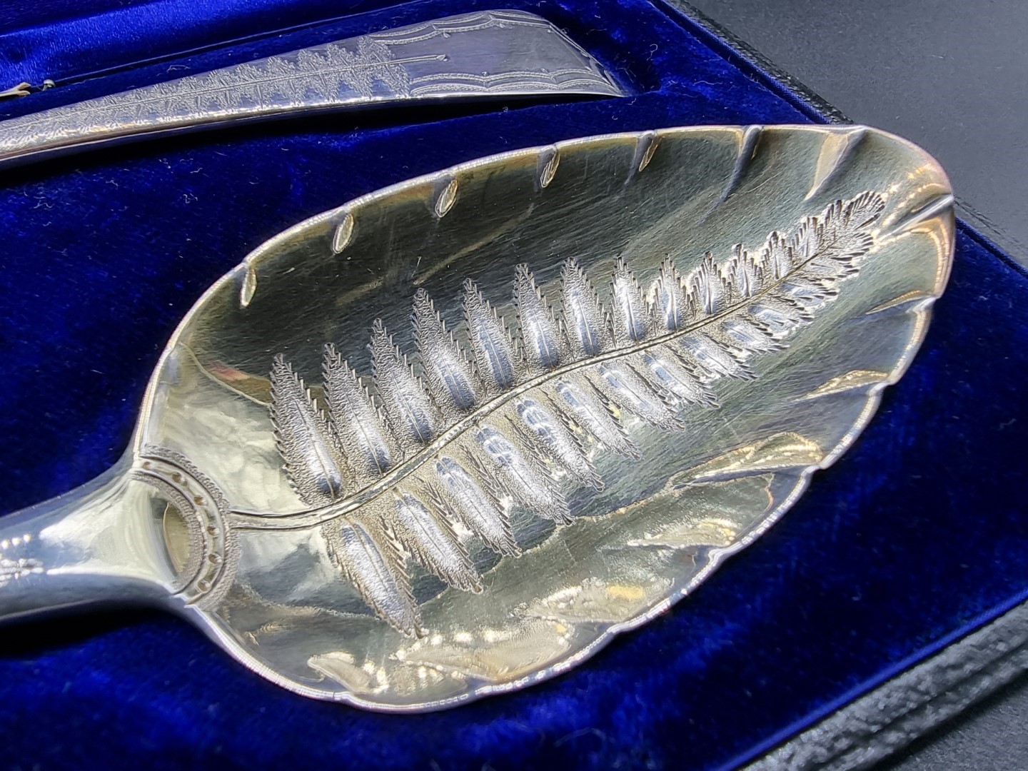 A cased pair of George IV silver tablespoons, by George Turner, Exeter 1822, with later fern - Image 2 of 3