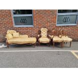 A Victorian walnut salon suite, comprising: chaise longue; occasional chair and five side chairs.