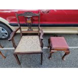An Edwardian inlaid salon elbow chair; together with a small antique stool.
