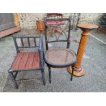 A bobbin turned corner chair; together with an ebonised and painted cane seated chair; and a