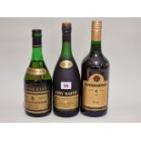 Three bottles of brandy, comprising: a 70cl Remy Martin VSOP cognac; a 1 litre Christian Dupre