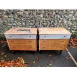 A pair of mid century oak three drawer chests, by Avalon, 73.5cm high x 78cm wide.