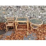 Two bamboo occasional tables and a child's rocking chair.