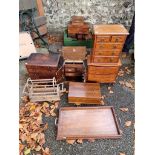 Three miniature chests of drawers; together with a small smokers chest and trays.