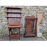 A sundry lot, to include: a mahogany display cabinet; two gilt mirrors; a hanging wall shelf; and
