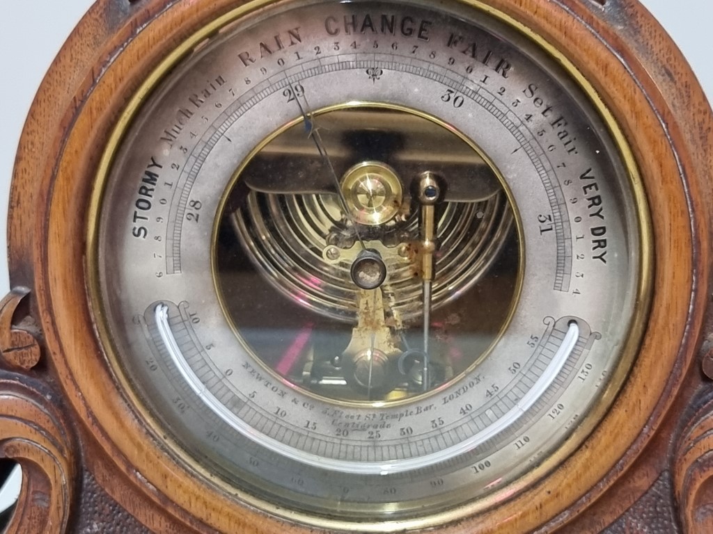 A Victorian carved walnut aneroid barometer, the silvered dial inscribed 'Newton & Co,..., - Image 2 of 5