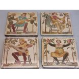 A set of four Copeland Medieval Minstrel tiles, circa 1880, 15.5cm square, (two tiles s.d.). (4)