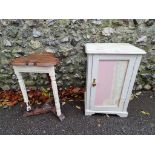 A white painted pine pot cupboard, 62.5cm high x 42cm wide; together with an oak trefoil table, 55cm