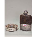 An oversized antique electroplated and leather hip flask, inscribed 'Drew & Sons...,', approx 24