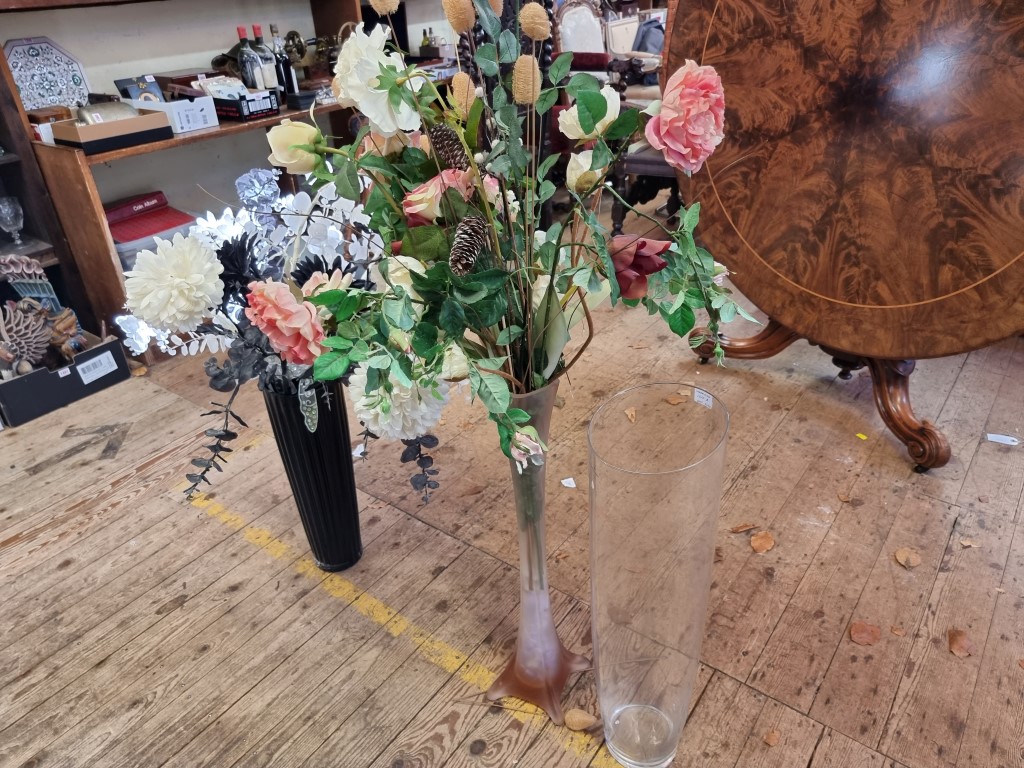 Three oversized glass vases, largest 70cm high; together with two displays of silk flowers. - Image 2 of 4